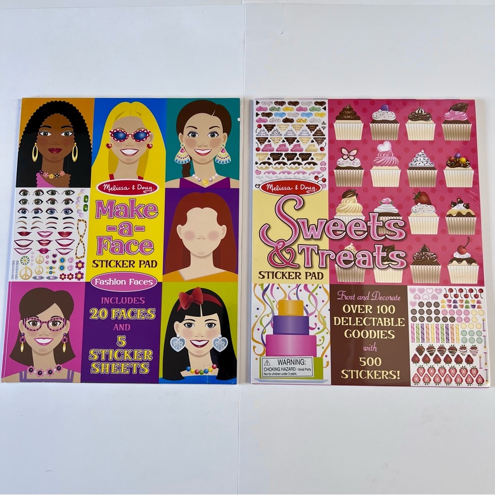 New Melissa & Doug Sticker Pads Lot 2 Make a Face Fashion Faces Sweets & Treats